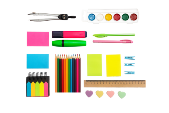 Colorful stationery supplies arranged neatly on a white background, featuring markers, sticky notes, colored pencils, and various tools for creative projects and organization