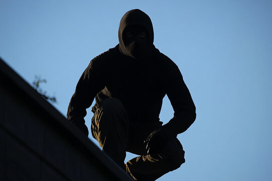A masked vigilante running across rooftops silhouette