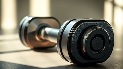 A close-up of a dumbbell on a surface, highlighting fitness and strength training equipment.