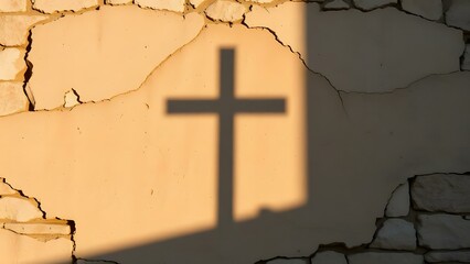 A shadow of a cross on a cracked wall symbolizes faith and spirituality in a serene setting.