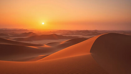 Golden sunset bathes rippling desert dunes in warm light, creating a serene, peaceful vista.