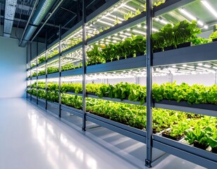 Indoor hydroponic farm with rows of leafy greens growing under LED lights