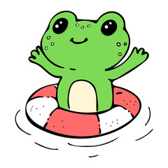 Frog swim in pool ring float summer cartoon. Cute illustration of an amphibious animal swimming in a lifebuoy