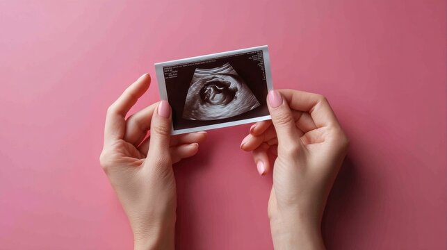 A detailed ultrasound image shows a developing baby inside the womb, being held by hands. This moment reflects the joy and anticipation of pregnancy - Powered by Adobe