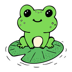 Frog sitting on lotus cartoon illustration. Cute funny children's picture