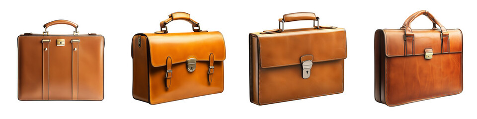 set of Black leather briefcase, with open lock, top view showing elegant design, elegant black leather briefcase, open lock black leather suitcase, on a transparent backgrounds