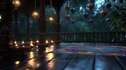 Rainy evening, ornate porch, lit diyas, rangoli, lush background; festive celebration