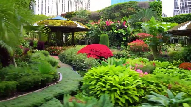 Decorative Asian-style garden with red parasol, stone path, and flowering bushes under bright daylight. Concept of harmony and cultural elegance