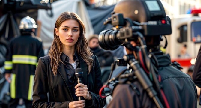 A woman is being interviewed by a man with a camera