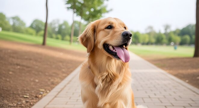 Happy Golden Retriever Dog Sitting on Brick Path in Sunny Park