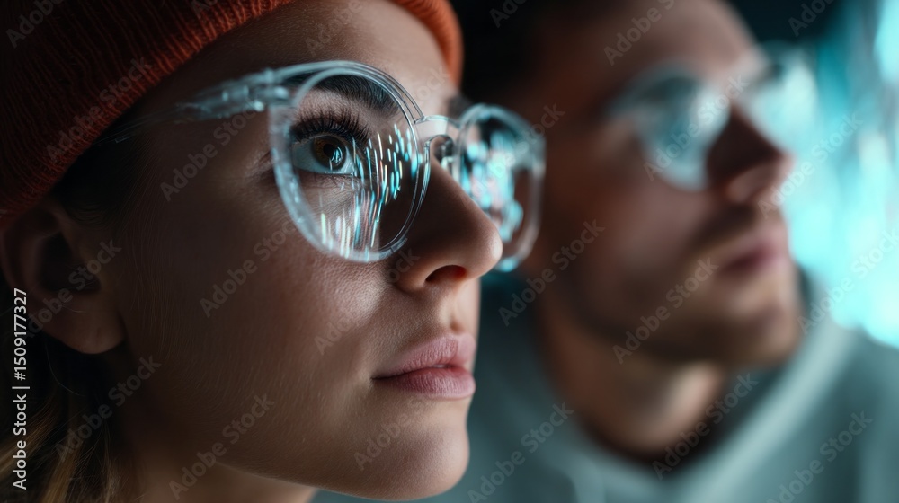 Poster Two individuals engage with augmented reality technology while wearing advanced AR glasses. Their focused expressions suggest a captivating experience in a modern setting