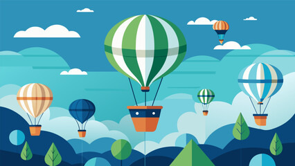 Fototapeta premium A formation of ecofriendly hot air balloons using sustainable materials and technology to rise gently into the atmosphere.. Vector illustration