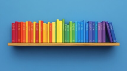 Obraz premium Minimalist rainbow bookshelf with colorful books arranged in a gradient on a wooden shelf against a blue background