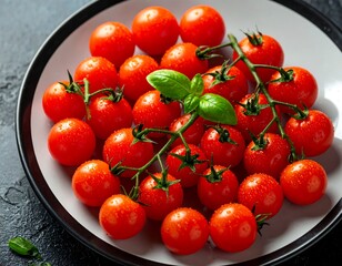 A plate of fresh, red cherry tomatoes on the vine with basil leaves
