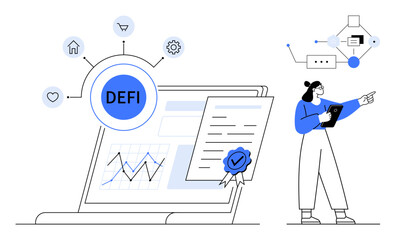 Laptop displaying analytics, DeFi badge, smart contract document, and user analyzing data. Ideal for finance, blockchain, cryptocurrency, innovation, analysis fintech simple landing page