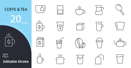 Coffee and tea line icons set. Coffee shop, beans, hot coffee, espresso cup and maker machine related  outline icon collection. Editable Stroke