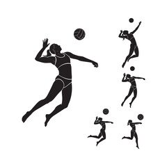 Black silhouettes of volleyball players with volleyballs on a white background design vector illustrations