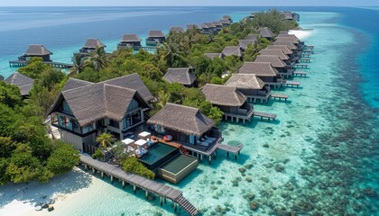Fototapeta premium Tranquil remote island oasis featuring lush palm trees and pristine crystal clear waters
