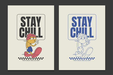 retro 90s poster or graphic t-shirt design with a chill cartoon mascot character, vector illustration