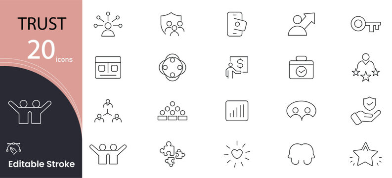 Trust line icon set. Believe, confidence, depend, trustworthy, friends, truth, faith and sincerity related outline icon collection. Editable stroke.