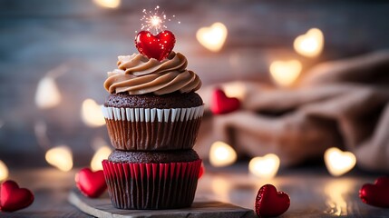 Miniature cupcake tower topped with a single sparkling chocolate cupcake, surrounded by twinkling red and white heart lights, captured in a warm cozy kitchen setting