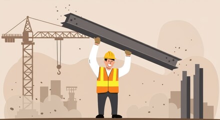 Construction Worker Lifting Steel Beam: A Powerful Image of Construction and Industry