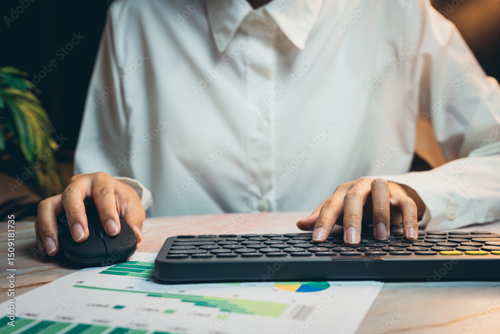 Poster business concept. person working at desk with computer keyboard and mouse analyzing financial report