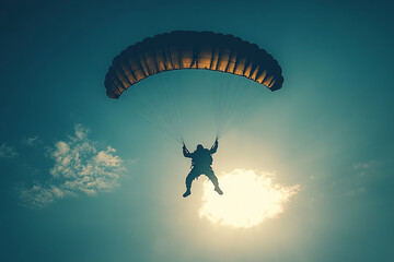 A paratrooper descending from the sky silhouette