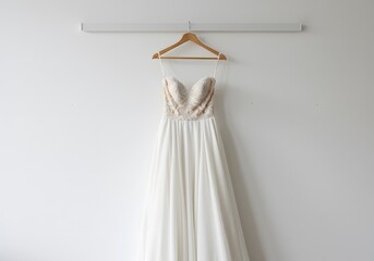 A white wedding dress on a hanger, against a white wall