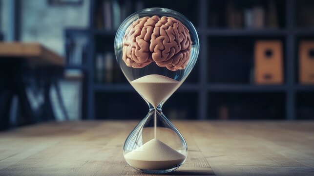 Hourglass with brain inside, representing time and intelligence.