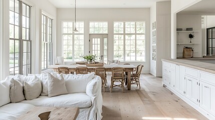 Modern farmhouse white kitchen with shaker cabinets, rustic wooden dining table, and a cozy living room with soft textiles and light streaming through French windows