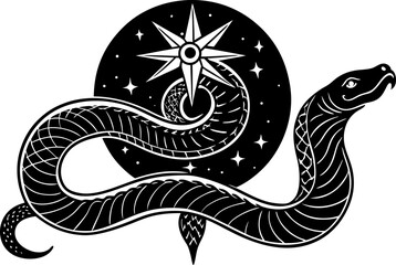 Mystical snake over crescent moon, wicca banner celestial sign. Pagan Wiccan goddess symbol.