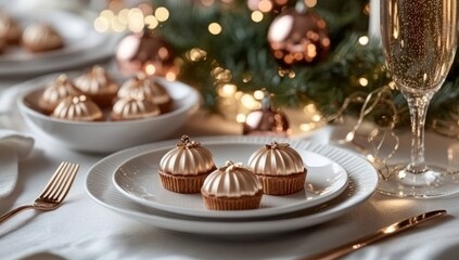 Elegant christmas festive table setting with shimmering desserts and champagne