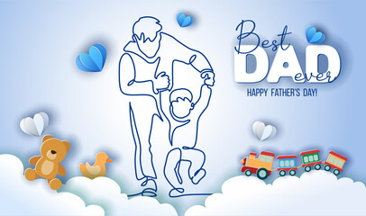 Father teaches his son to walk first step. Fathers day concept. Continuous one line drawing.
