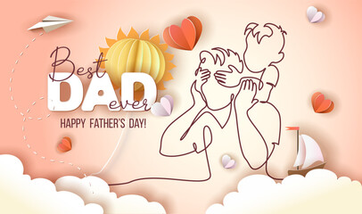 Happy Fathers Day holiday card. Son hug dad from back