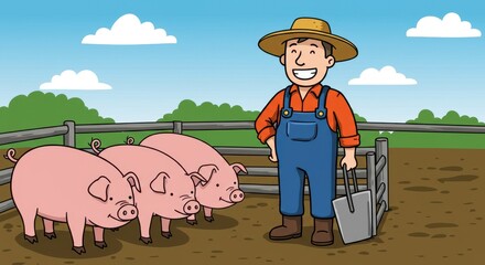 Happy Farmer and His Three Pigs on a Sunny Day at the Farm