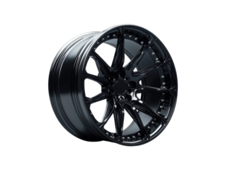 Sleek Alloy Wheel: A close-up shot of a modern, glossy black alloy wheel, showcasing its intricate spoke design and pristine condition. Capturing the essence of automotive elegance and performance.