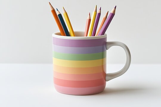 A pastel rainbow-striped mug filled with colorful pencils on a white surface and background