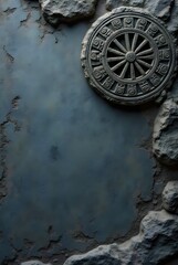 Obraz premium An ancient stone dharma wheel embedded in a rugged, textured rock wall, evoking spiritual wisdom, timelessness, and Asian culture. Dark and mysterious atmosphere.