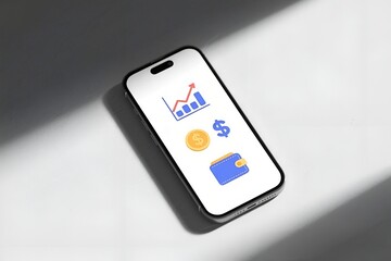 A smartphone displays financial icons: a rising bar chart, dollar sign, coin, and wallet, symbolizing mobile banking, investment, and financial growth on a clean background. Minimalist style