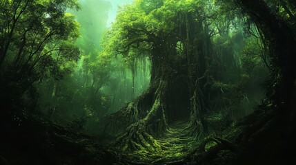 Obraz premium Mystical rainforest scene with giant tree and path.