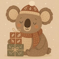 An adorable illustrated koala wearing a festive winter hat and scarf, sitting peacefully in the snow while holding wrapped Christmas presents. 