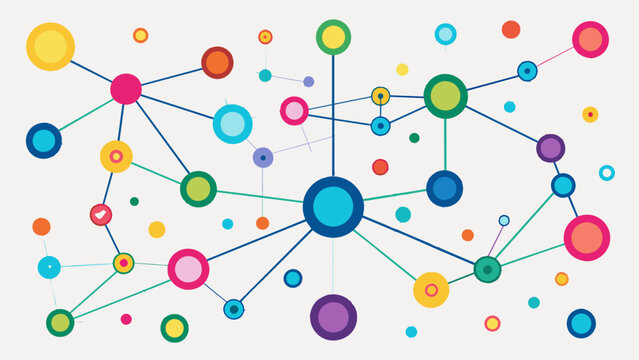 A colorful array of interconnected dots with lines connecting them in a continuous loop demonstrating the constant data flow and communication between different devices in a. Vector illustration
