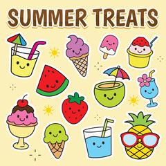 Cute summer treats vector set with smiling drinks, fruits, and ice creams. Perfect for kids’ products, stickers, party printables, and fun designs.