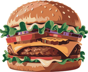Delicious and juicy illustration of a classic American cheeseburger with fresh ingredients