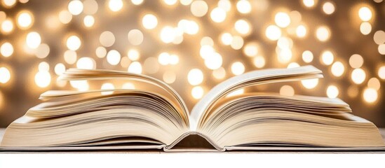 Open book, lights background, reading, knowledge, education, winter holidays