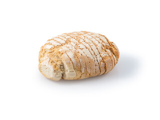 Sliced loaf of bread resting on white background