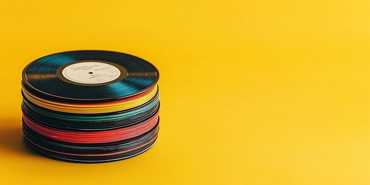 Stack of colorful vinyl records on a yellow background, arranged in a neat pile with a minimalistic style