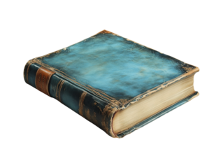 Antique Book: Teal Leather-Bound Book resting on a surface, showing age and wear, rich teal leather cover with gilt detailing, aged pages, vintage book, historical book, old book.