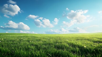 Fototapeta premium Lush green field under a vibrant blue sky with fluffy clouds.